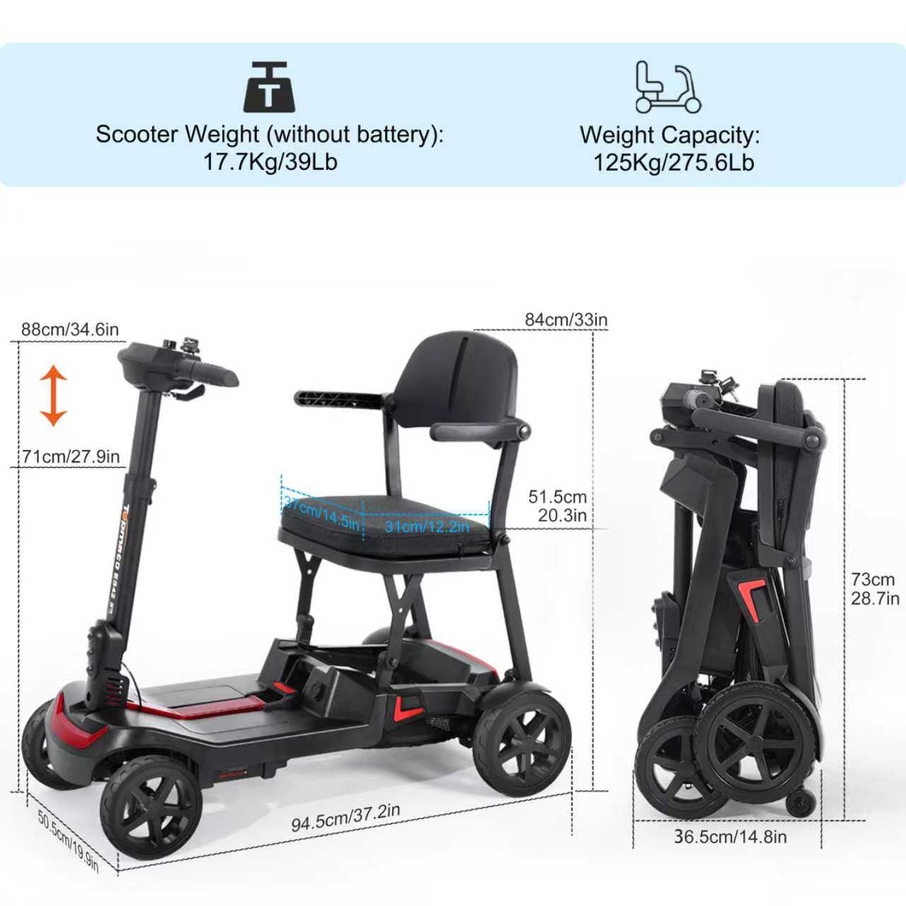 TopMate ES42 Travel Mobility Scooter 4 Wheel for Adult Ultra-Compact Lightweight
