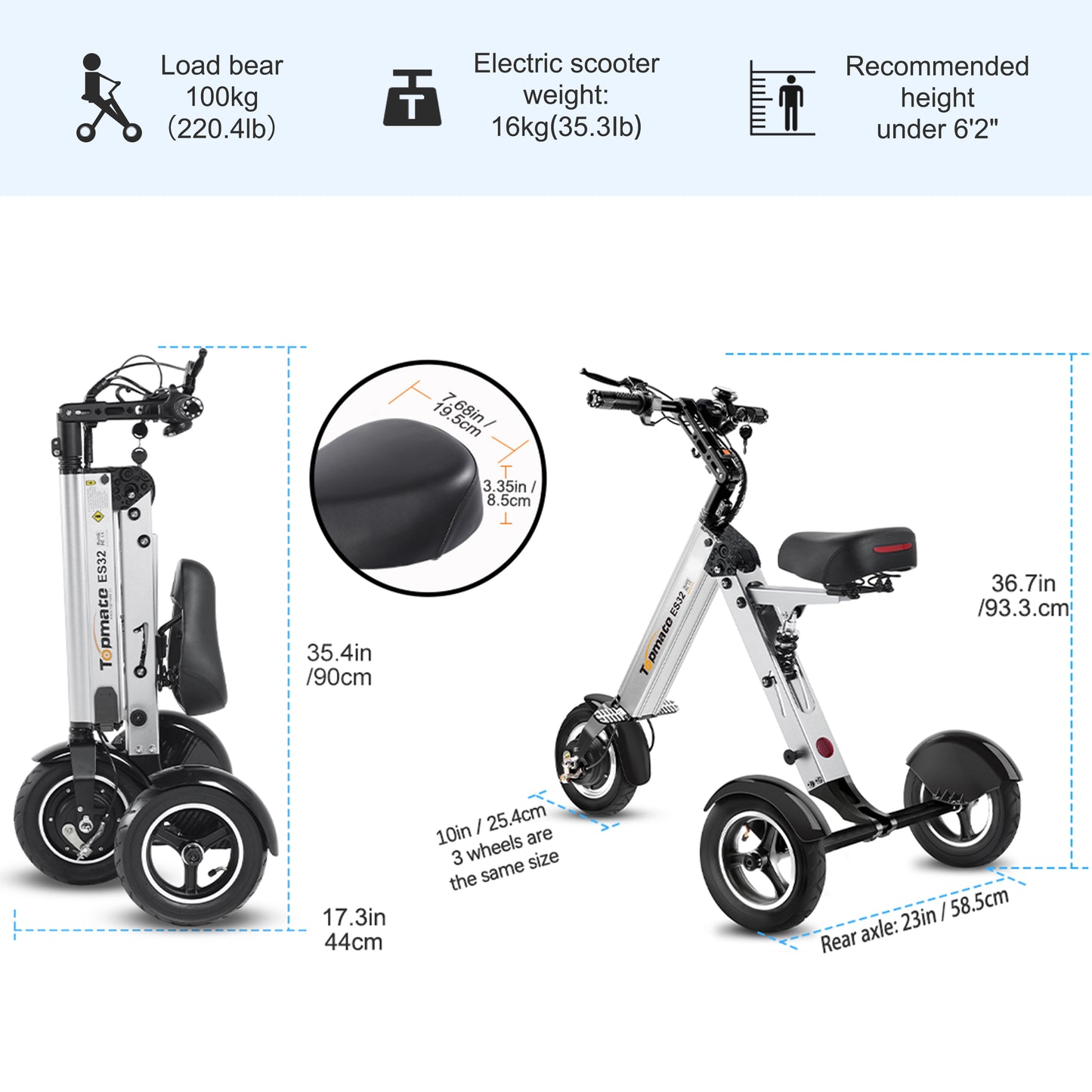 Topmate ES32 Electric Tricycle for Adult, Foldable 3 Wheel Mobility Scooter