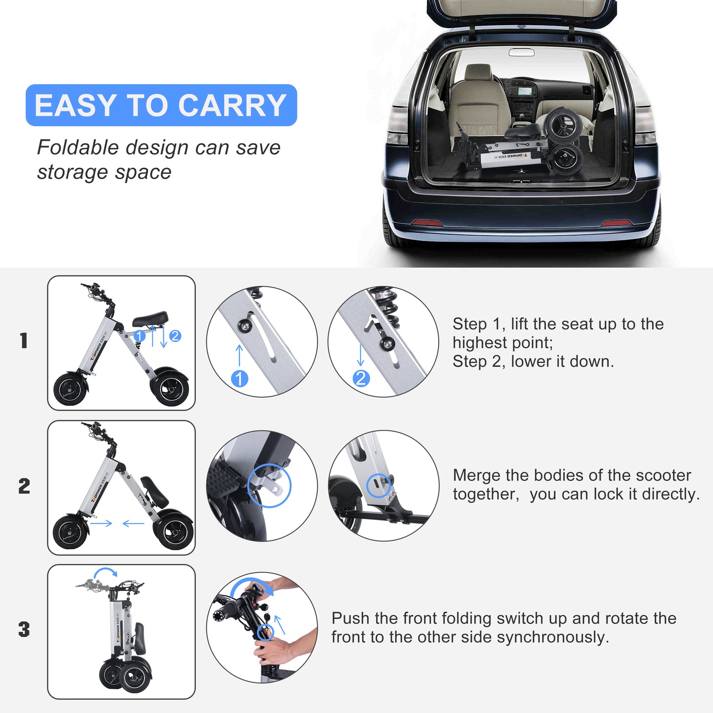 TpMate ES35 Powered Mobility Scooter 3 Wheels Foldable Trike for Adult Seniors