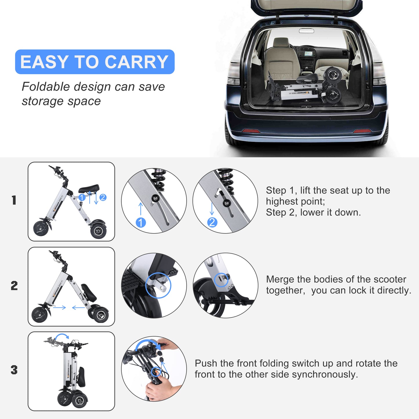 TpMate ES33 Folding Powered Mobility Scooter 3 wheel for Adult Removable Battery