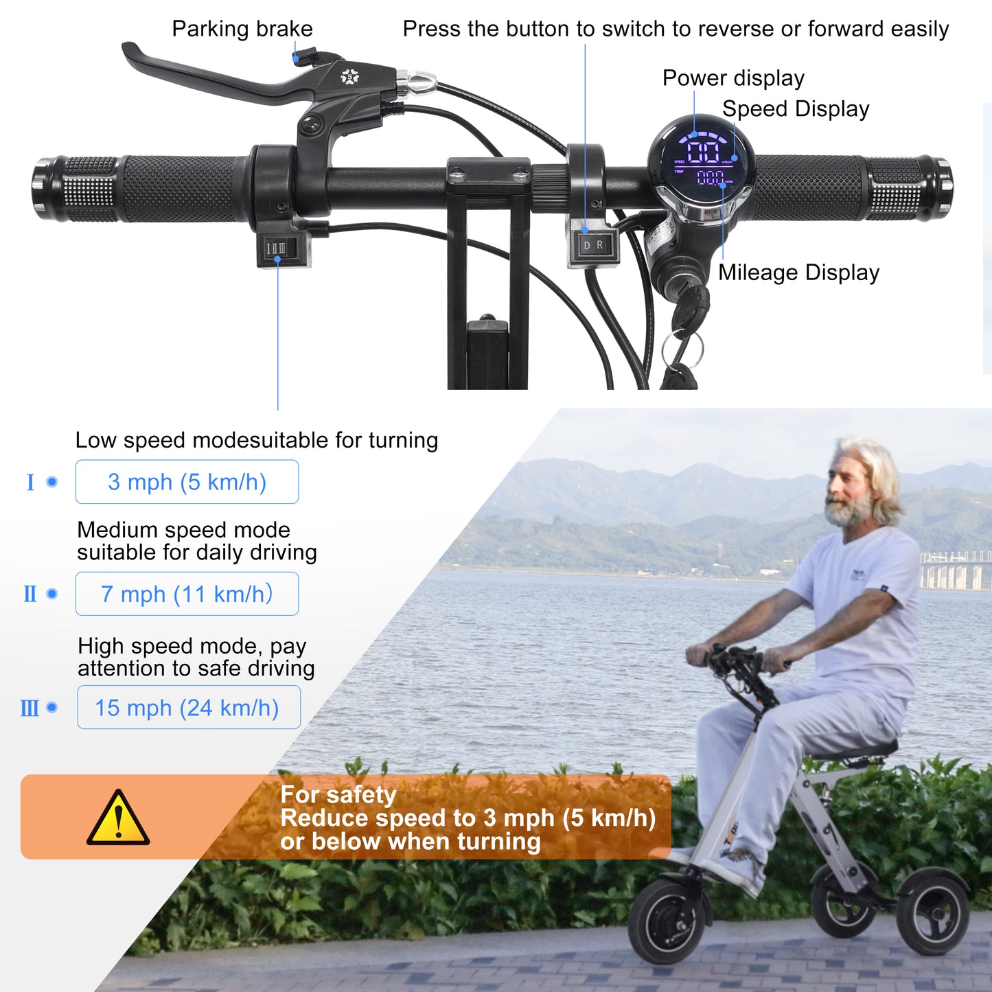 TpMate ES35 Powered Mobility Scooter 3 Wheels Foldable Trike for Adult Seniors