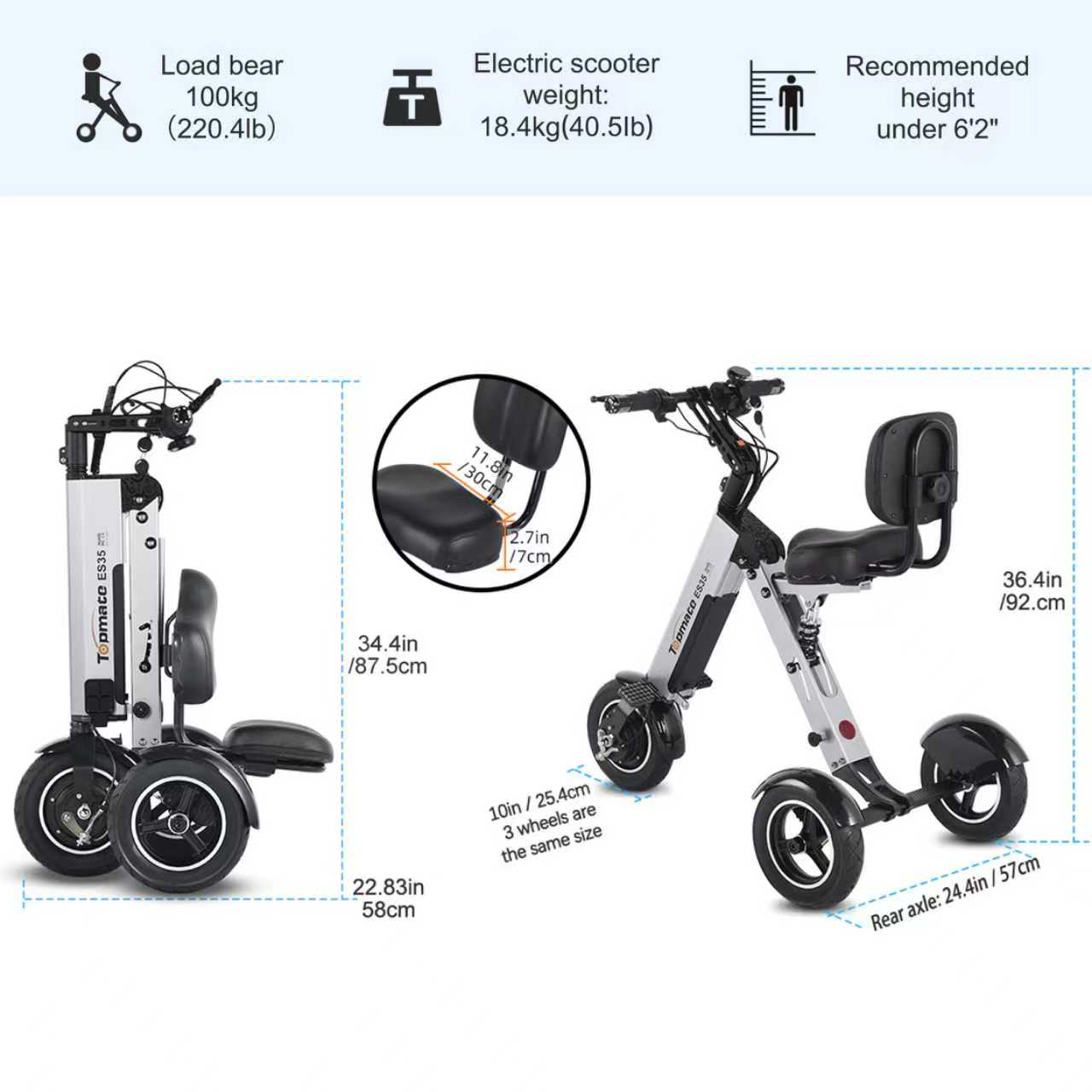 Powered Mobility Scooter 3 Wheel with Backrest Seat Lightweight Electric Scooter