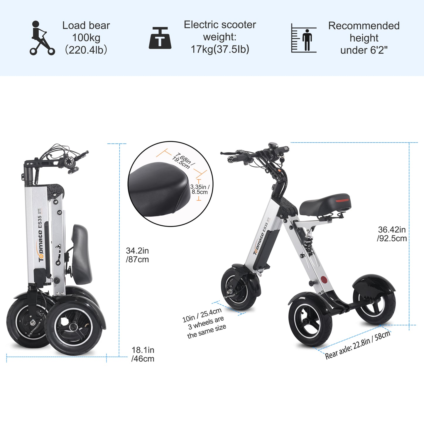 TpMate ES35 Powered Mobility Scooter 3 Wheels Foldable Trike for Adult Seniors