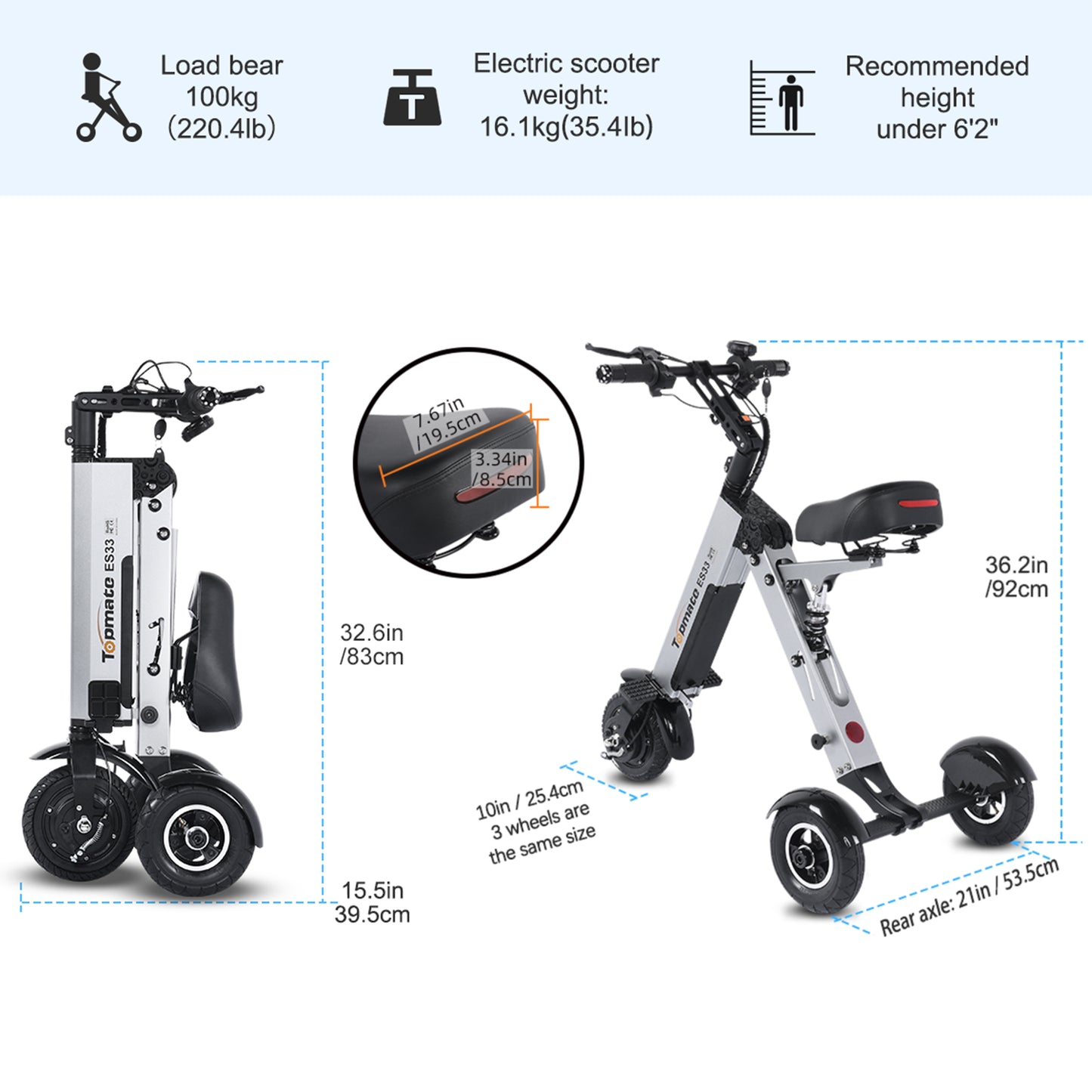TpMate ES33 Folding Powered Mobility Scooter 3 wheel for Adult Removable Battery